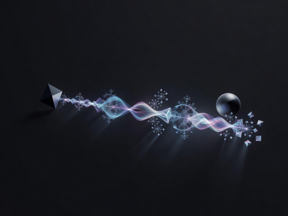 Abstract signal shapes passing between two distant geometric forms