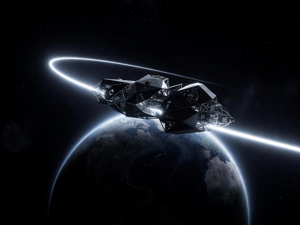 A geometric spacecraft crossing a bright orbital arc above a dark planet
