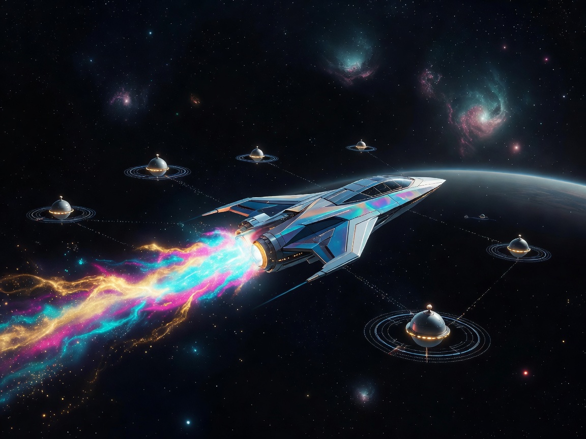 A stylised spacecraft with a long propulsion trail travelling between orbital markers