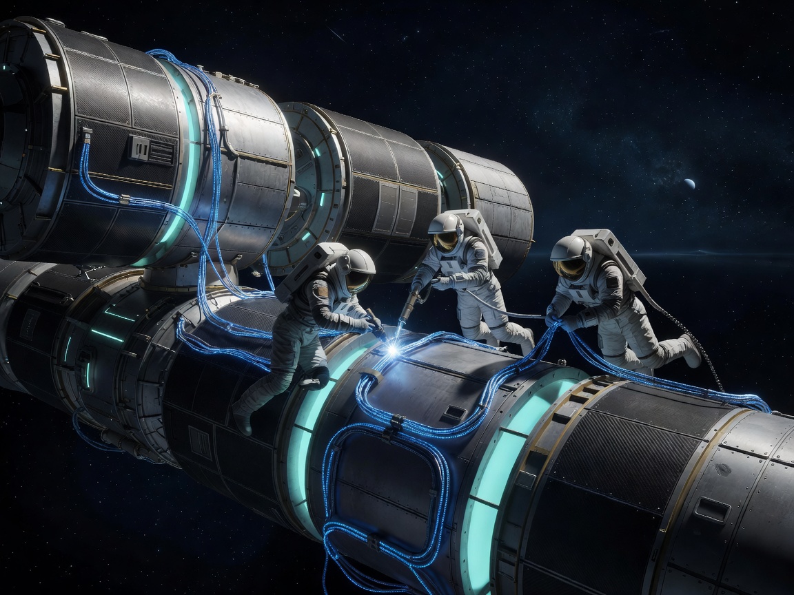 A modular spacecraft structure with highlighted repair joints and cable paths
